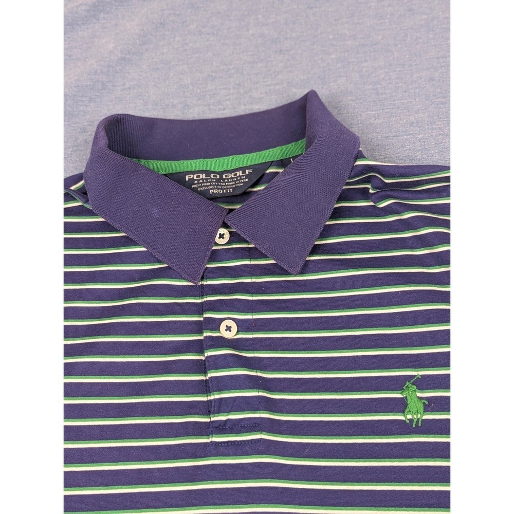 Polo Golf Ralph Lauren Mens Pro Fit Pima Cotton Striped Polo Shirt Navy Green L - Picture 4 of 12